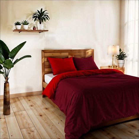 Housse de Couette Une Place et demie, uni réversible, Parure de Couette, avec Housse de Couette 200×200 cm, Rabat 20+50 cm + Paire de taies d’Oreiller 50×80 cm Bordeaux/Rouge (1/5)