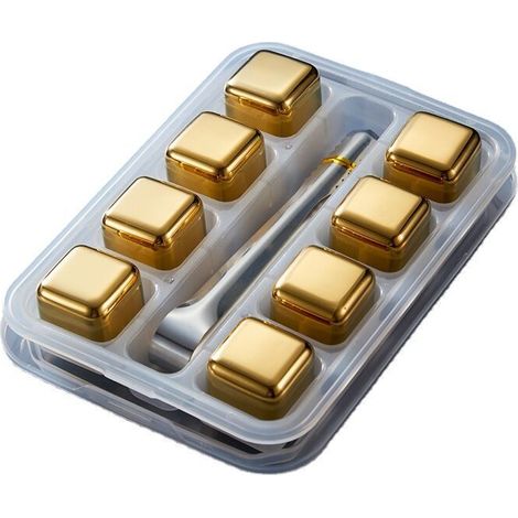 Cubetti di ghiaccio riutilizzabili in acciaio inox, set da 8, per whisky, vodka e altre bevande, colore oro.