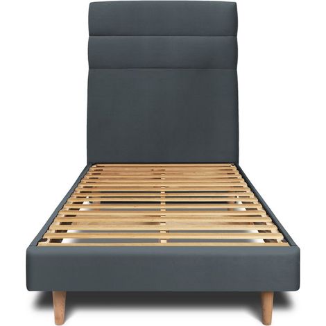 Lit 90x200cm avec tête de lit lignes velours et sommier kit gris anthracite - Hauteur totale : 29cm (1/5)
