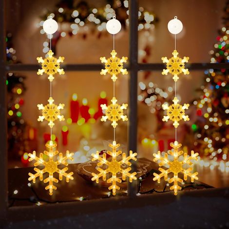 Lot de 3 (Flocons de Neige) Fenêtre Décorative de Noël avec Flocon de Neige, LED Rideau Lumineux Blanc Chaud à Piles avec Ventouses, Guirlande Lumineuse Décoration pour Intérieur