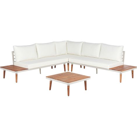 Ensemble de Jardin en Bois d'Acacia avec Canapé d'Angle 5 Places Table Basse Coussins Blanc Cassé Corato