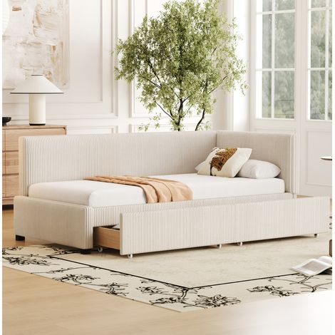 Lit de jour rembourré Mid-Century beige 90x200 cm avec tête de lit réversible, 2 grands tiroirs et sommier à lattes (1/5)