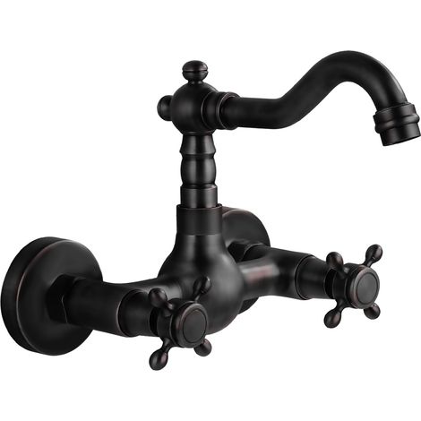 Système mural d'eau chaude et froide pour cuisines et salles de bains (robinet noir, 1 pièce hors tuyau d'arrivée d'eau). (1/5)