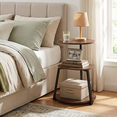 Set of 2 Round 3-Tier Side Tables, Brown Wood, Metal Frame (1/5)