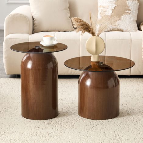Set di 2 tavolini da salotto Ø50x38/Ø40x50 cm noce in metallo e vetro temperato impilabili (1/5)