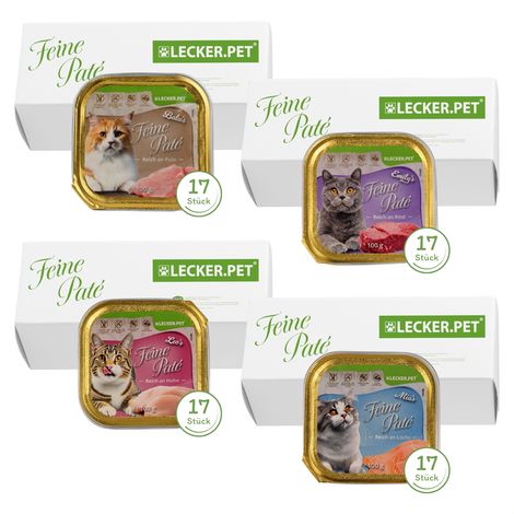 68 x 100 g de Lecker.Pet® Balu's, Emily's, Leo's & Mia's Paté Fin Nourriture pour chats Mix humide Nourriture complète - 17 barquettes par variété (1/5)