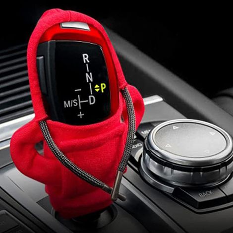 Sudadera con capucha para pomo de palanca de cambios – Accesorio rojo para el interior del coche, material elástico duradero, 12 cm de largo, lavable a máquina, fácil instalación. (1/5)