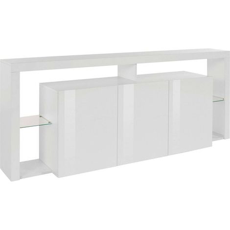 Dmora - Willer Buffet, Buffet de salon 3 portes, Buffet de salon, Buffet moderne, 200x40h80 cm, Blanc brillant, avec emballage renforcé (1/5)