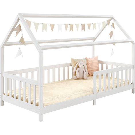 Idimex – Lit cabane en pin massif blanc 90x200 cm – Barrière modulable – Design épuré pour chambre enfant (1/4)