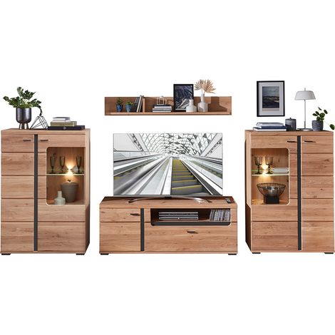 Fernsehwand mit Esche Massivholzfronten und Beleuchtung STAVEN-36 mit Absetzungen in schwarz matt,  B/H/T ca. 360/200/42 cm (1/5)