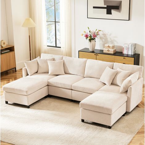 Sofá modular 278x161x81 cm de tejido chenilla beige, ahorro de espacio para salón FloraGrace (1/5)
