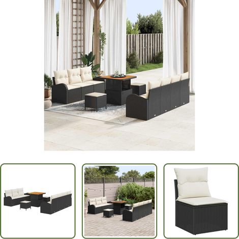 Canapé en poly rattan - Ensemble de canapé de jardin avec coussin 10 pcs Noir et Crème (1/5)