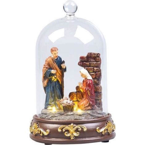 Crèche de Noël - - Pack de 2 - LED blanc chaud - Figurines peintes à la main - Sous cloche de verre (1/4)