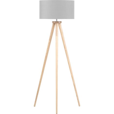 Lámpara de pie poli algodón gris 142 cm paras de madera clara de roble trípode pantalla en forma de tambor estilo moderno Nitra (1/5)