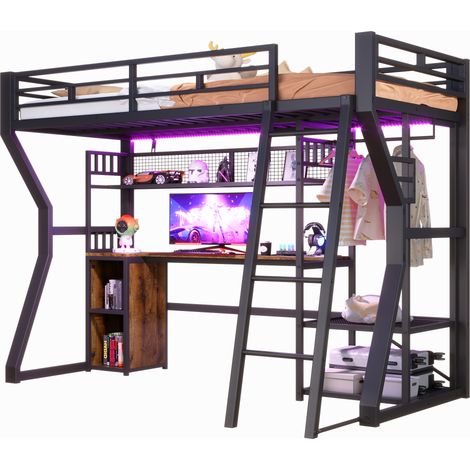 Lit mezzanine métal 90x200 cm noir avec bureau, LED, prises, penderie, étagères et rangements, sans matelas