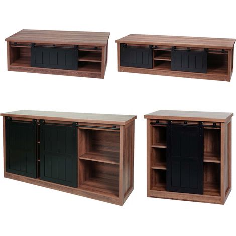 Wohnzimmerset aus TV-Rack, Sideboard, Kommode und Couchtisch HHG-755, Schiebetür Staufächer, Industrial braun