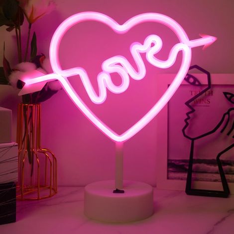 Veilleuse néon LED en forme de nœud de Cupidon, alimentation par batterie/USB pour décoration de famille, anniversaire, vacances, fête de mariage - Rose (1/5)