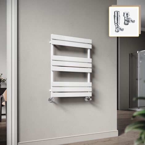 Elegant 800 x 600mm Heated Towel Rail White Radiator, Modern Flat Panel Designer Central Heating Towel Warmers + Chrome Thermostatic Radiator Valves (1/5)