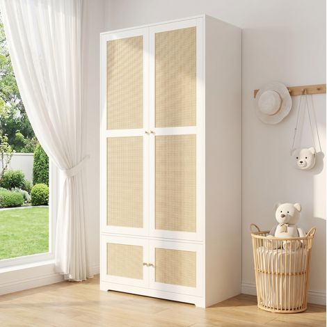 Armario ropero 90x48x180 cm de MDF blanco con puertas de ratán – MEUBLIV (1/5)