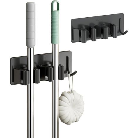 Besenhalter aus Edelstahl, Wandmontage ohne Bohren, 2-facher Besenhalter mit 1 Haken für Küche, Bad, Garten, Garage, 2-teilig, Schwarz (1/5)