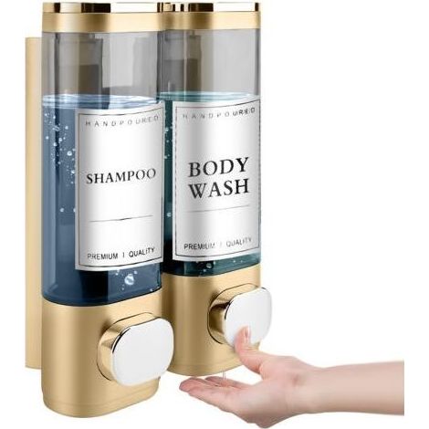 Distributeur de Savon Mural, Distributeur Gel Douche, Distributeur Double de Shampoing et Après-shampoing sans Perçage ABS pour Salle de Bain Cuisine Marché Hôtel Restaurant 300ML2(Or) (1/5)