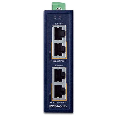 Inyector PoE+ 802.3at de 2 puertos 10/100/1000T de Planet Industrial con amplificador de 12 V, IPOE-260-12V
