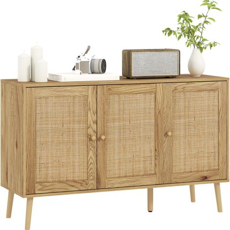 Aparador de salón Irovami con puertas de armario efecto ratán y estante ajustable, en madera natural