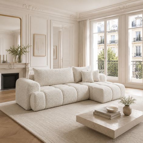 EVELIO - Canapé d'angle droit convertible 4 places en tissu bouclette - 265 cm - Beige (1/4)