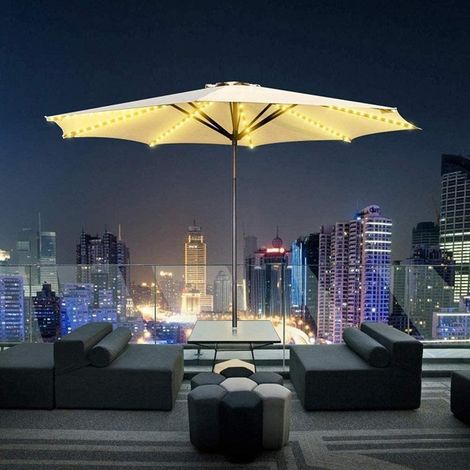 Parapluie solaire lumineux 104 LED 8 modes avec télécommande, guirlande lumineuse pour parasol de terrasse, décoration intérieure et extérieure (1/4)