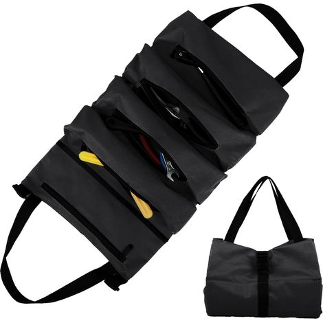 (Noir)Sac à Outils Enroulable en Toile Trousse à Outils avec 5 Poches Zippées Pour Électriciens, Plombiers, Charpentiers, Ménage, Voitures