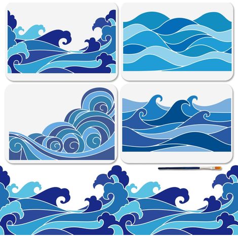 4 pochoir Vagues Océaniques 29.7 × 21cm Pochoirs de Peinture Réutilisables Dynamiques avec Pinceau pour Fenêtre Bois Mur Décoration de Maison (1/5)