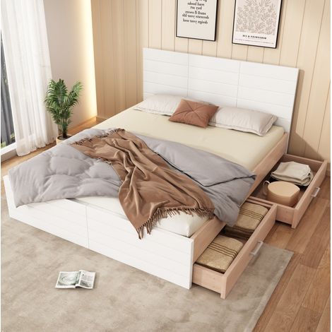 Bett Doppelbett 180x200 cm aus Massivholz und MDF in Weiß/Eiche mit 2 Schubladen und Lattenrost (1/5)