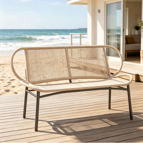 Banc de jardin 138x62x83 cm en rotin et métal naturel et noir, stable pour petit espace – MEUBLIV (1/5)