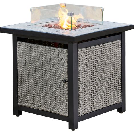 Teamson Home All'aperto Giardino Rattan Gas Propano Braciere Bruciatore da Tavolo, Braciere Senza Fumo, Riscaldatore per Mobili da Patio con Schermo in Vetro, Pietre Laviche e Copertura