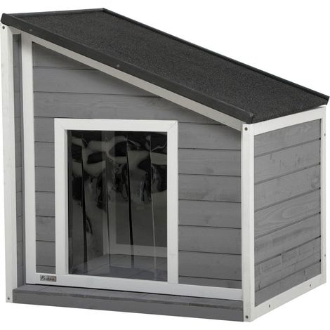 Niche pour chien résistante aux intempéries en bois de sapin avec toit en asphalte et rideau de porte, gris, 71 x 58 x 53/77 cm (1/3)