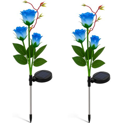 Lampada solare a LED con rosa blu, 80 cm, per giardino, 3 fiori, IP65, sensore crepuscolare, decorativa. (1/5)