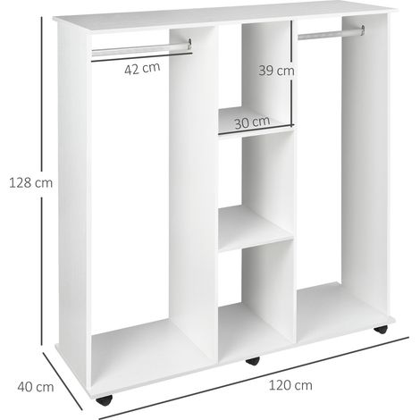Perchero de pie con 6 ruedas, perchero de pie con 5 estantes y 2 barras para colgar ropa, armario de madera y aluminio, para dormitorio, sala de estar, pasillo o recibidor, color blanco. (1/5)