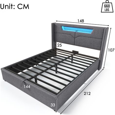Letto Contenitore Letto Matrimoniale 140 x 200 cm con USB, Tipo C e LED Regolabile, senza Materasso (1/4)