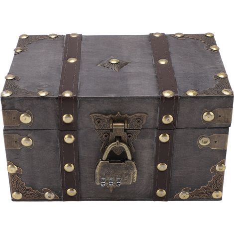 Coffre au trésor en bois avec serrure à code, style vintage, alliage résistant, boîte à bijoux ancienne, usage polyvalent (1/5)