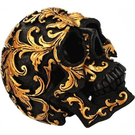 Tête de Crâne Halloween - Résine Noir et Doré - Décoration Réaliste - 10x6x8,5 cm (1/5)