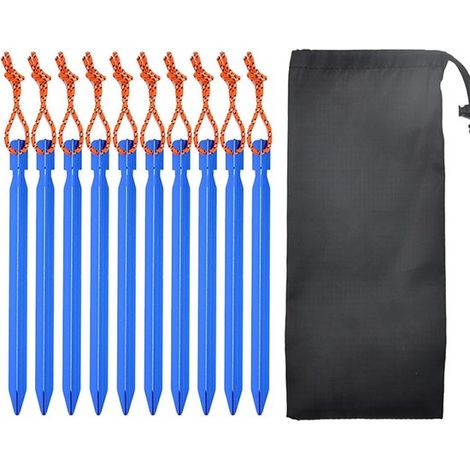 Ensemble de 10 piquets de tente, ancrages au sol, sardines, clous de tente, 18 cm, bleus, en aluminium, clous hexagonaux, piquets de sable, ensemble avec cordon de serrage et sac pour le camping, mur (1/5)