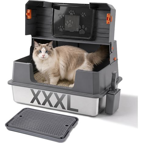 Jiubiaz Bac à litière XXL en acier inoxydable 71 x 51 x 43 cm semi ouvert avec couvercle latéral gris noir (1/5)