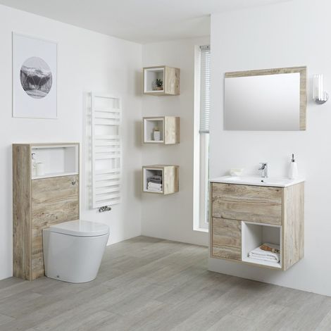 Hudson Reed Hoxton - Set Moderne Chêne Clair Avec Meuble Lavabo&44 Meuble WC&44 Mirroir et Trois Cubes de Rangement (1/5)