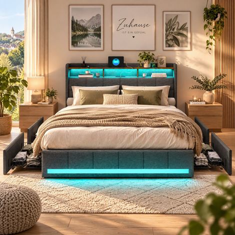 HYTKKBD - Lit Double 160x200 cm avec 4 Tiroirs,Lit Adulte avec Éclairage LED et Ports USB,Cadre de Lit avec Sommier à Lattes,Facile à Assembler,Tissu en Lin - Gris