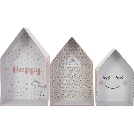 Lot de 3 Boites Gigognes en Forme de Maison Rose et Blanc - ARLETTE (1/5)