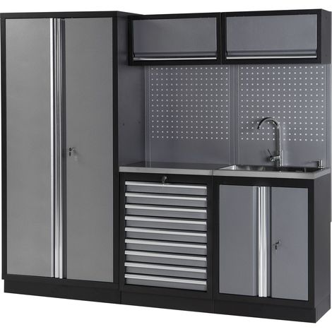 Conjunto de taller modular de 3 módulos con superficie de acero inoxidable y grifo ALYCO