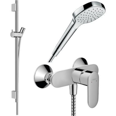 Pack mitigeur douche mécanique HANSGROHE Vernis Blend + Barre Unica S Puro + flexible + Pommeau Croma Select E blanc/chromé