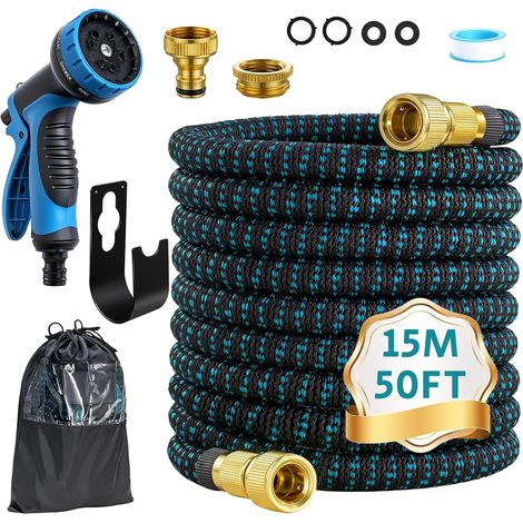 Tuyau d'Arrosage Extensible 15m, Tuyau Arrosage Retractable avec Adaptateur 1/2’’ et 3/4’’, avec 10 Modèles de Pulvérisation, pour Jardin Irrigation Nettoyage Jardinage Laver la Voiture (1/5)