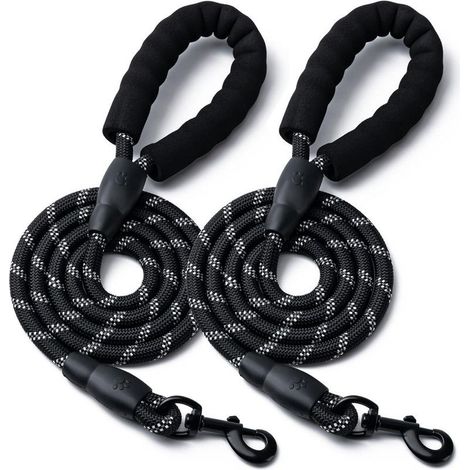 2 laisses pour chiens, 1,5 m, nylon robuste, poignée rembourrée, réfléchissantes, diamètre 12 mm, noir (1/4)