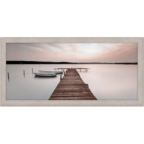 Lupia - Quadro moderno, per soggiorno camera da letto, con cornice BOSTON colore BEIGE, 60x110 cm, LAKE VIEW stampa su pannello in legno, stile paesaggio lago (1/4)